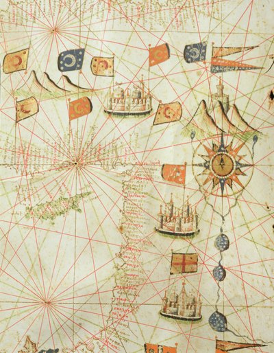 De kust van Turkije en Cyprus, uit een nautische atlas van de Middellandse Zee en het Midden-Oosten door Calopodio da Candia